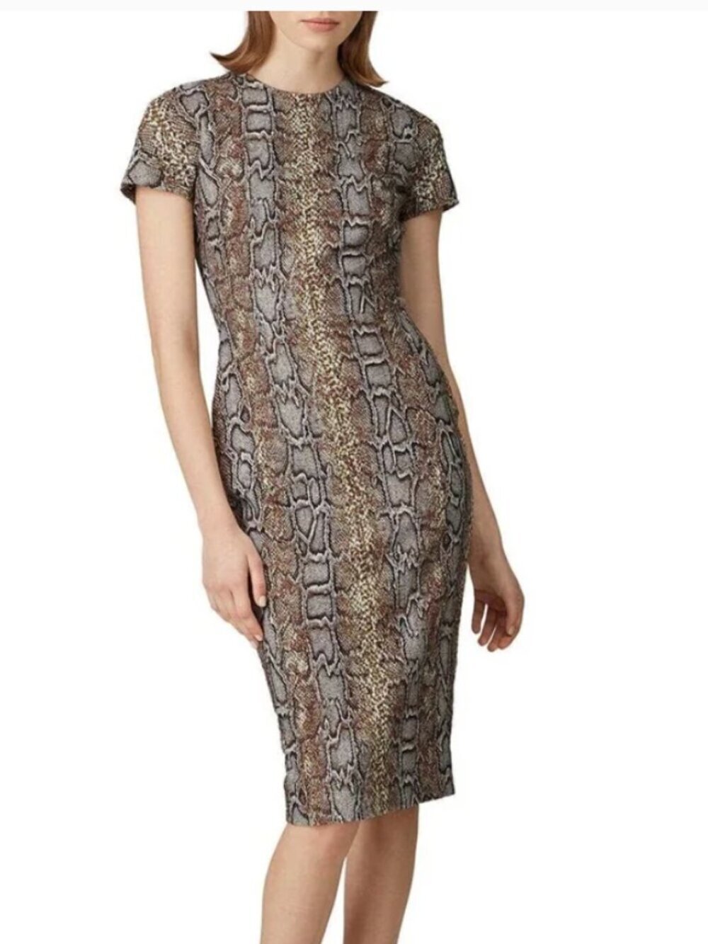 Victoria Beckham Fitted T-Shirt Dress Snakeskin Print Knee Length Sheath Brown 2
